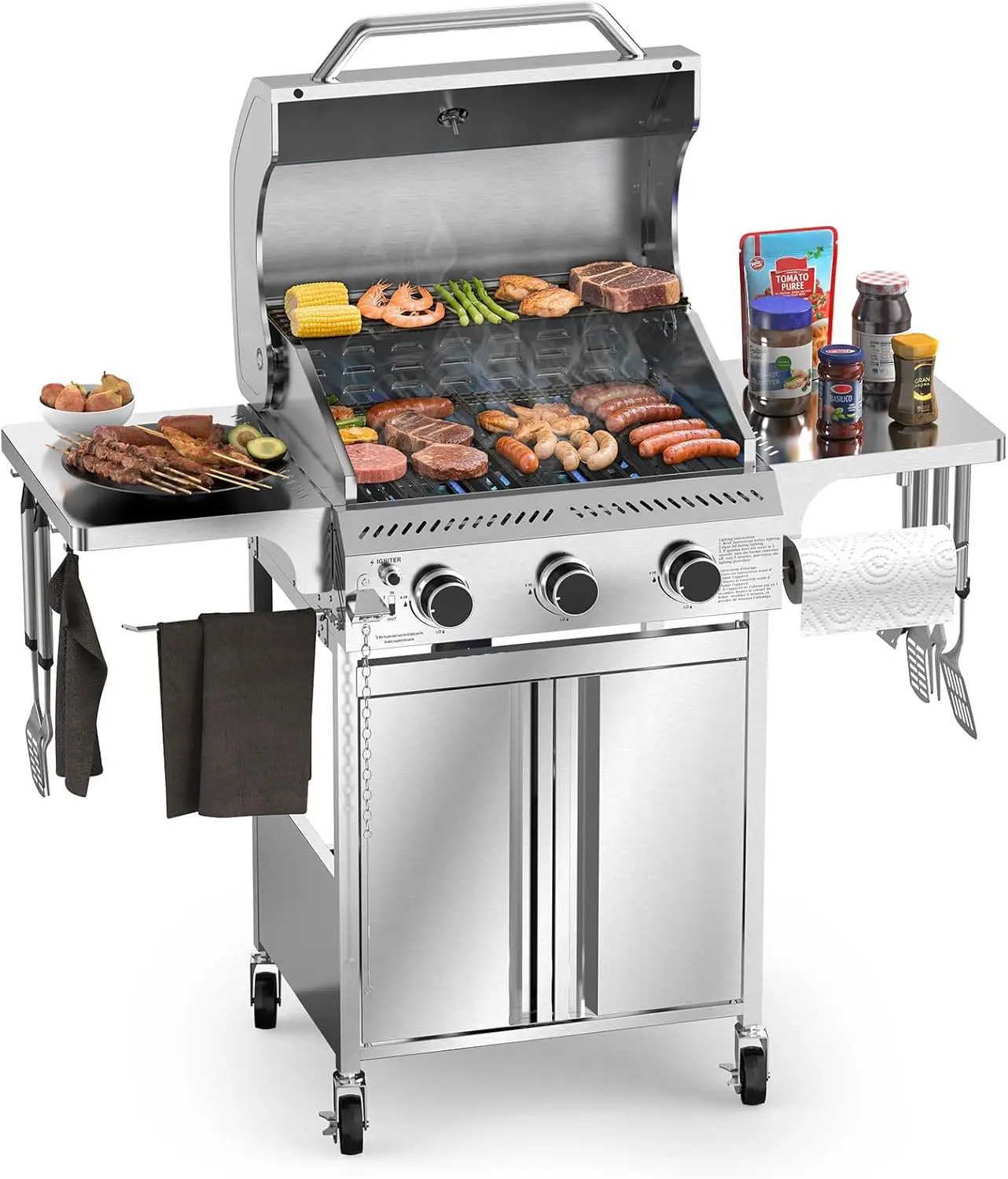Stainless Steel Propane Gas Grill - 3 Burner 24,000 BTU BBQ with Folding Side Shelves, Perfect for Outdoor Cooking in Backyard, Patio, or Camping
Stainless Steel Propane Gas Grill - 3 Burner 24,000 BTU BBQ with Folding Side Shelves, Perfect for Outdoor Cooking in Backyard, Patio, or Camping