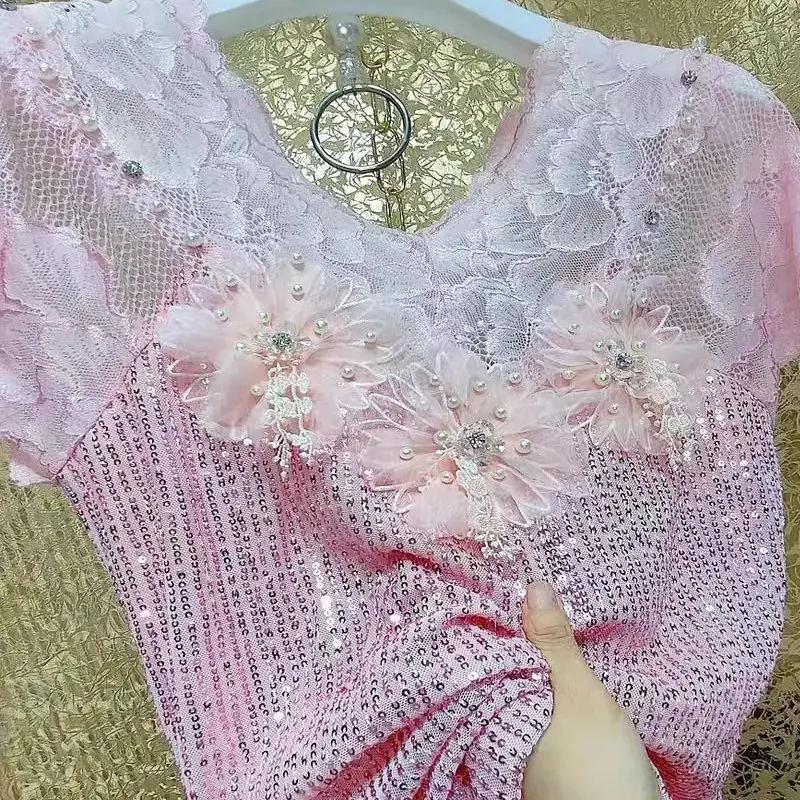 New In Sparkle Full Sequin Pink Slim Fit Stretch Blouses Shirts For Women's Short Sleeve 3D Flowers Stitch Diamonds Tops Clothes
New In Sparkle Full Sequin Pink Slim Fit Stretch Blouses Shirts For Women's Short Sleeve 3D Flowers Stitch Diamonds Tops Clothes