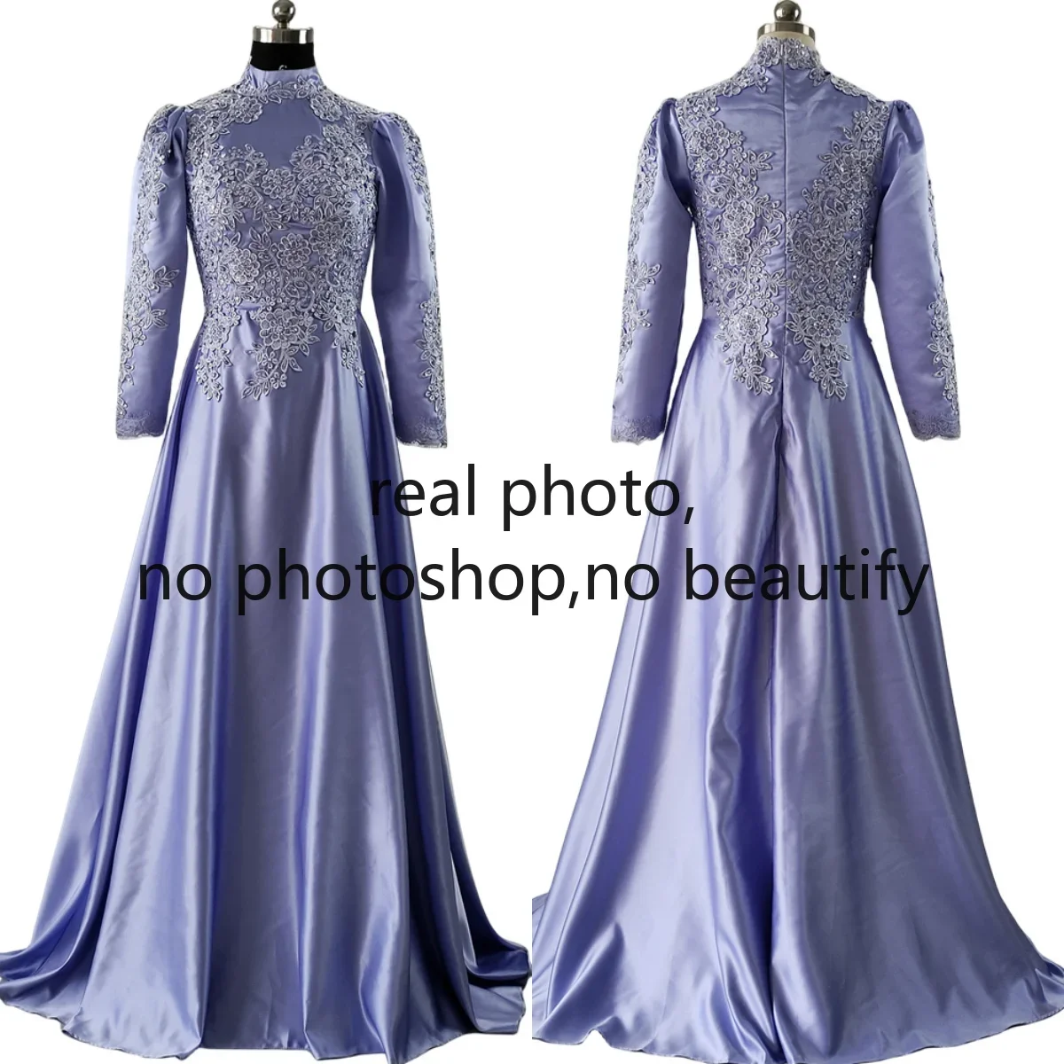 Real photo Modest Evening Dress Purple Embroidery Satin Hight Collar Full Sleeves Full Lined A-Line Plus size Formal Party Gown
Real photo Modest Evening Dress Purple Embroidery Satin Hight Collar Full Sleeves Full Lined A-Line Plus size Formal Party Gown