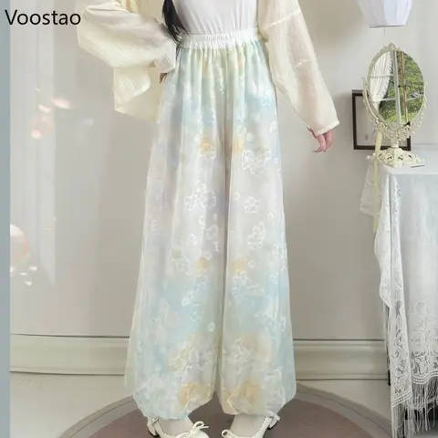 Vintage Sweet Lolita Bloomers Women Elegant Floral Print Loose Wide Leg Pants Female Casual Elastic Waist Trousers Ropa Mujer