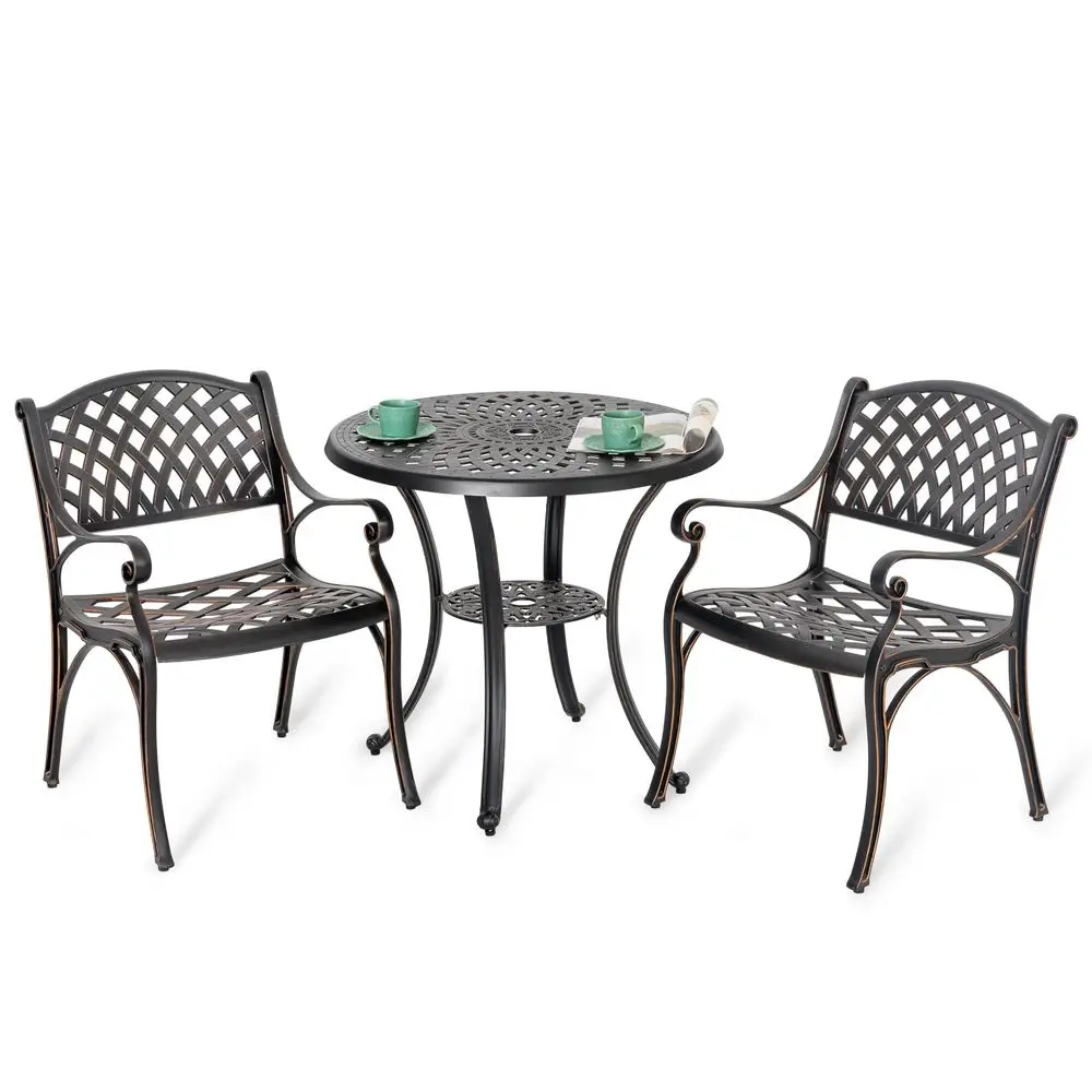3 Piece Outdoor Bistro Set Cast Aluminum Patio Set Bistro Table Set Rustproof Patio Table and Chairs with Umbrella Hole for Bac
3 Piece Outdoor Bistro Set Cast Aluminum Patio Set Bistro Table Set Rustproof Patio Table and Chairs with Umbrella Hole for Bac