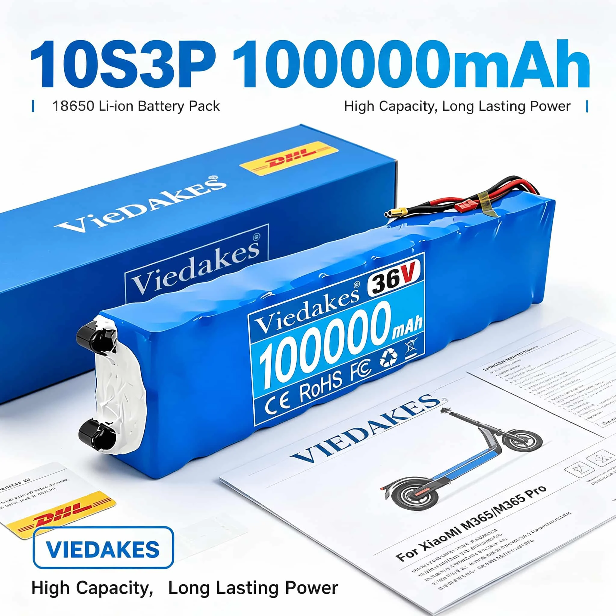 VIEDAKES 100000mAh 36V 10S3P Battery For XiaoMi M365/M365 Pro 18650 Li-ion With Customizable Interface & Smart BMS
VIEDAKES 100000mAh 36V 10S3P Battery For XiaoMi M365/M365 Pro 18650 Li-ion With Customizable Interface & Smart BMS