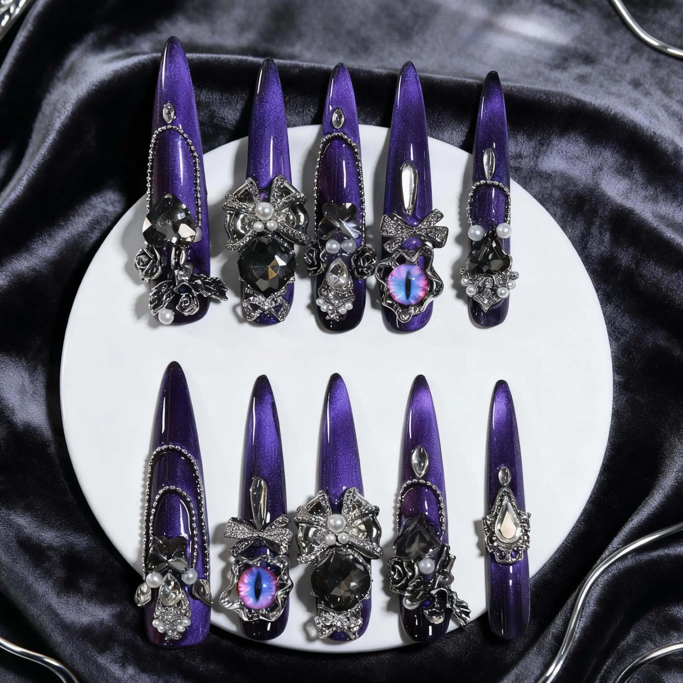 10Pcs Handmade Long Stiletto Press on Nails, Gothic Cute Luxury Style with 3D Bow & Pearl + Black Rhinestone + Cat-Eye Accents,
10Pcs Handmade Long Stiletto Press on Nails, Gothic Cute Luxury Style with 3D Bow & Pearl + Black Rhinestone + Cat-Eye Accents,