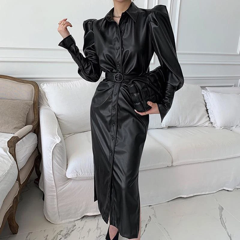 PU Leather Motorcycle Dress Lapel Single Breasted Belt Slim Women Clothing Split Puff Sleeve Fashion Wrinkle Korean Dresses Coat
PU Leather Motorcycle Dress Lapel Single Breasted Belt Slim Women Clothing Split Puff Sleeve Fashion Wrinkle Korean Dresses Coat