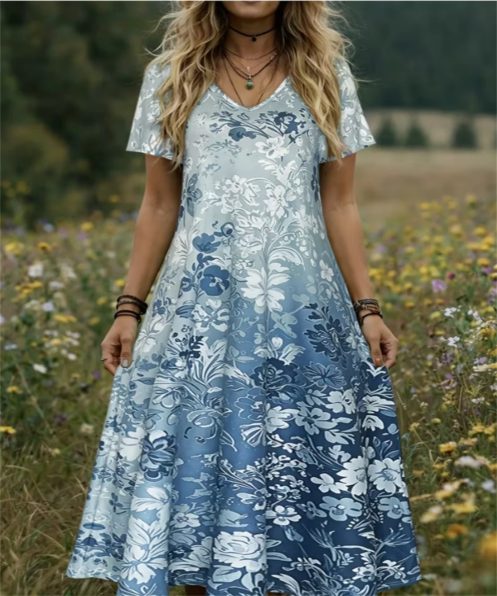 Women's summer new purple pink floral print dress V-neck short sleeved loose casual long skirt
Women's summer new purple pink floral print dress V-neck short sleeved loose casual long skirt