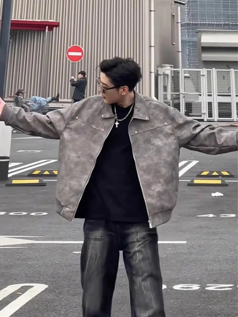 American Sle Cleanfit Retro Color Collar Leather Jaet Men's Motorcycle Jaet Couple's Coat Loose Fit Long Sve
American Sle Cleanfit Retro Color Collar Leather Jaet Men's Motorcycle Jaet Couple's Coat Loose Fit Long Sve