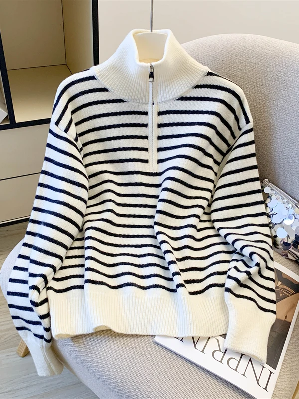 Loose High Collar Striped Sweater Women's plus Size Casual Faion Artistic Versatile Slimming Knitted Top Large Knitwear
Loose High Collar Striped Sweater Women's plus Size Casual Faion Artistic Versatile Slimming Knitted Top Large Knitwear