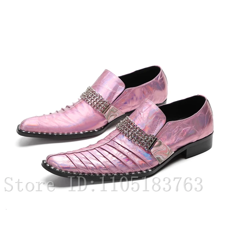 Men Shiny Pink Blue Pointed Toe Genuine Leather Loafers Metallic Chain Decor Fashion Formal Wedding Party Club Shoes
Men Shiny Pink Blue Pointed Toe Genuine Leather Loafers Metallic Chain Decor Fashion Formal Wedding Party Club Shoes