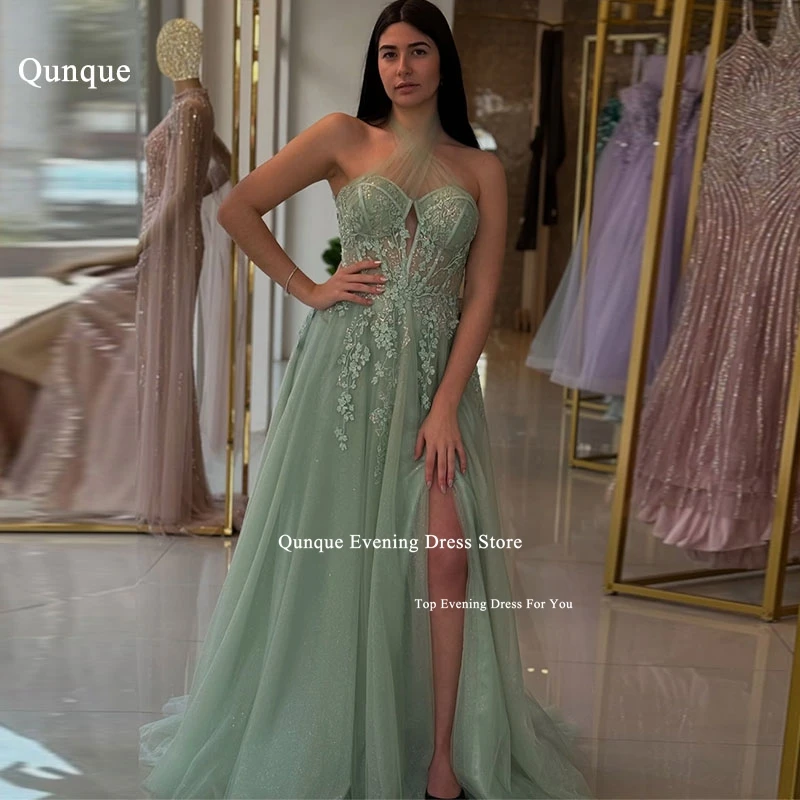 Qunque Elegant A-line Shiny Tulle Evening Dress Charming Appliques Hatler Prom Dress Leg Slit Vestidos Para Mujer Customized
Qunque Elegant A-line Shiny Tulle Evening Dress Charming Appliques Hatler Prom Dress Leg Slit Vestidos Para Mujer Customized