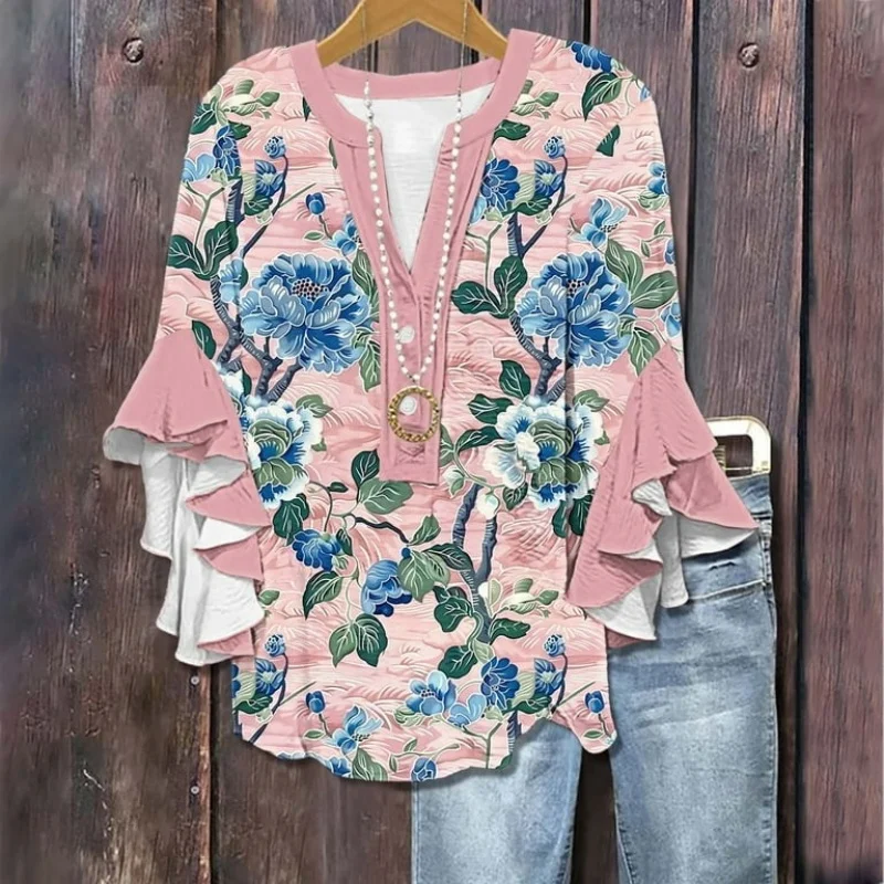Women's Ruffled Stitching Floral Printed Blouses Vintage 3/4 Sleeve V-neck Bohemian Style Tops Casual Loose Plus Size Shirts
Women's Ruffled Stitching Floral Printed Blouses Vintage 3/4 Sleeve V-neck Bohemian Style Tops Casual Loose Plus Size Shirts