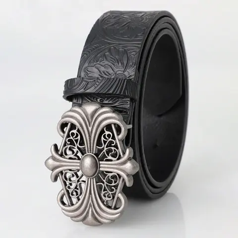 Retro Men's Belt Bohemian Style-Chic Black PU Leather Belt Fashion Vintage Hollow Buckle Belt Punk Rock Y2K Style，For Men Women