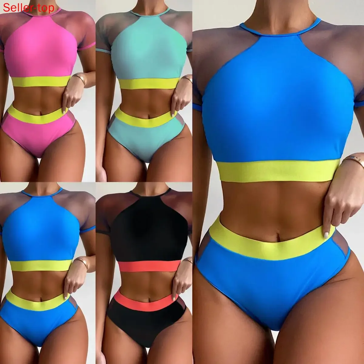 Mesh Stitching Split Swimsuit, Round Neck, Short Sleeve, Hit Color, High Waist Bikini, European and American
Mesh Stitching Split Swimsuit, Round Neck, Short Sleeve, Hit Color, High Waist Bikini, European and American