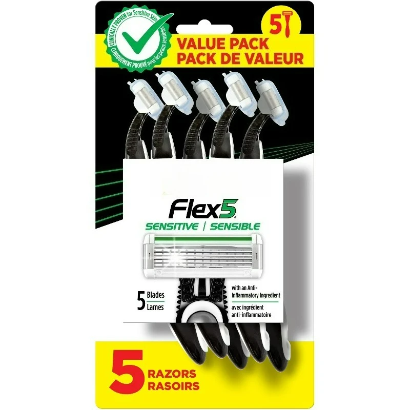 Flex 5 Sensitive Disposable Razor, Men's, 5-Blade, 5-Count
Flex 5 Sensitive Disposable Razor, Men's, 5-Blade, 5-Count