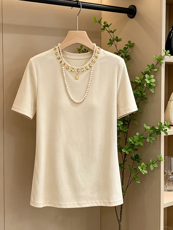 Elegant Handmade Rhinestone Design Short Sleeve T-Shirt Stylish Slimming Versatile Summer New Arrival Korean Style Women's Top
Elegant Handmade Rhinestone Design Short Sleeve T-Shirt Stylish Slimming Versatile Summer New Arrival Korean Style Women's Top