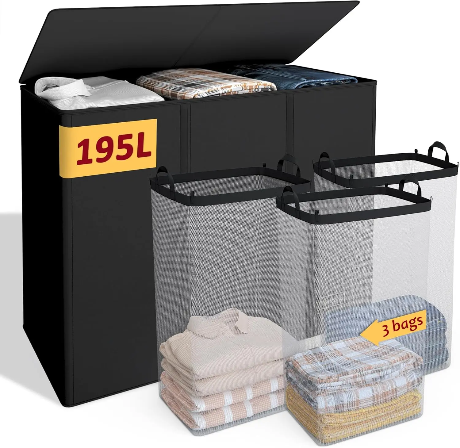 195L Laundry Hamper 3 Section,Large Laundry Hamper with Lid,Dirty Clothes Hamper with 3 Inner Bags
195L Laundry Hamper 3 Section,Large Laundry Hamper with Lid,Dirty Clothes Hamper with 3 Inner Bags