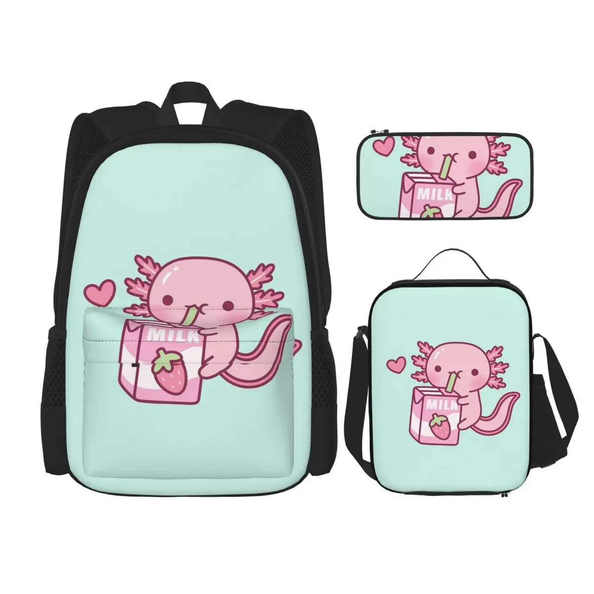 Cute Axolotl Loves Strawberry Milk Doodle Backpacks Boys Girls Bookbag School Bags Rucksack Lunch Bag Pen Bag Three-Piece Set
Cute Axolotl Loves Strawberry Milk Doodle Backpacks Boys Girls Bookbag School Bags Rucksack Lunch Bag Pen Bag Three-Piece Set