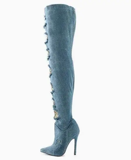 New Woman Light Blue Jeans Denim White Lace Holes Pointed Toe Slim Stiletto Heels Hidden Zipper Over The Knee Thigh Long Boots
New Woman Light Blue Jeans Denim White Lace Holes Pointed Toe Slim Stiletto Heels Hidden Zipper Over The Knee Thigh Long Boots