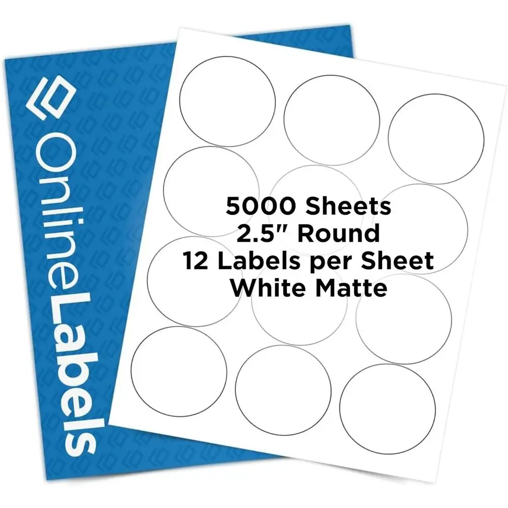 2.5" Round Labels - Permanent Adhesive, White Matte - Great for Candle & Jar Lids, Products, Favor Labels - Pack of 5,000 Circle
2.5" Round Labels - Permanent Adhesive, White Matte - Great for Candle & Jar Lids, Products, Favor Labels - Pack of 5,000 Circle