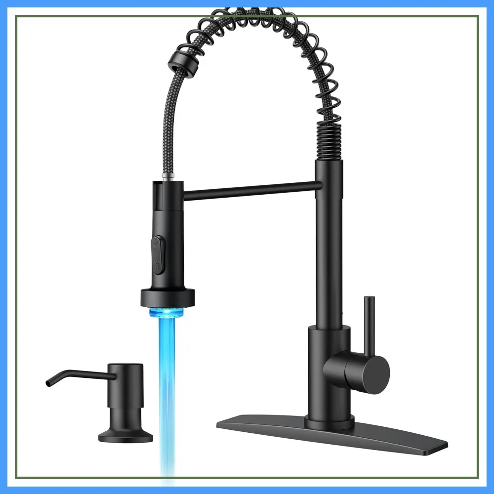 LED Kitchen Faucet with Soap Dispenser, Black Stainless Steel Traditional Spring Commercial Pull Out Sink Faucet with Pull Down Sprayer for Laundry Utility RV Camper Bar Farmhouse
LED Kitchen Faucet with Soap Dispenser, Black Stainless Steel Traditional Spring Commercial Pull Out Sink Faucet with Pull Down Sprayer for Laundry Utility RV Camper Bar Farmhouse