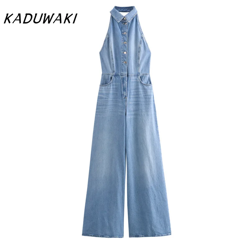 KADUWAKI Retro Women Fashion Jumpsuit Denim Blue Sleeveless Backless Pockets Single Breasted Female Summer High Street Jumpsuits
KADUWAKI Retro Women Fashion Jumpsuit Denim Blue Sleeveless Backless Pockets Single Breasted Female Summer High Street Jumpsuits
