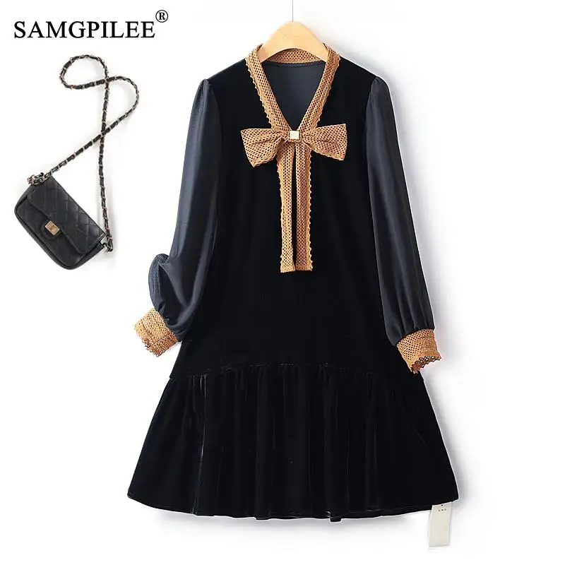 Elegant And Pretty Women's Dresses 2023 Autumn Winter Slim Bow Knot Hollow Chiffon Sleeves A Line Velvet European Luxury Dress
Elegant And Pretty Women's Dresses 2023 Autumn Winter Slim Bow Knot Hollow Chiffon Sleeves A Line Velvet European Luxury Dress