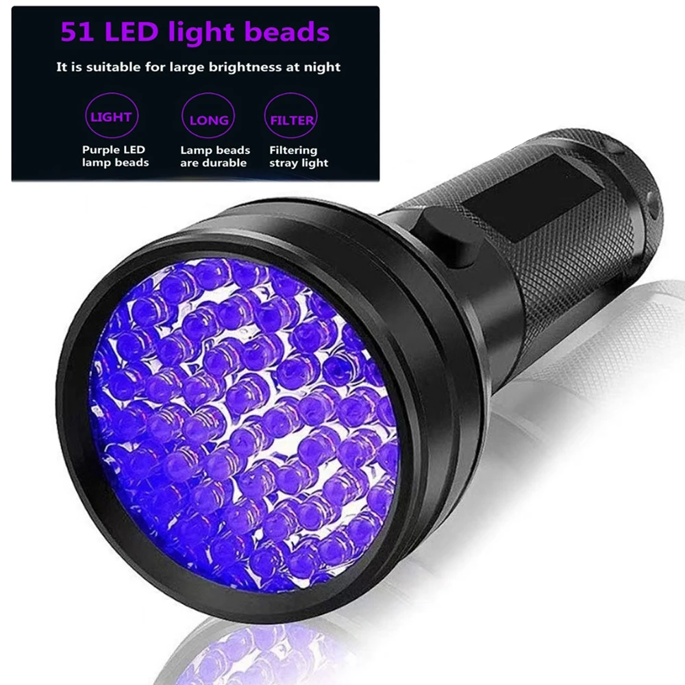 395 NM UV Flashlight 51 LEDS Purple light pet's urine Fluorescent Oil Pollution Detection Torch Rechargeable 26650 Lantern
395 NM UV Flashlight 51 LEDS Purple light pet's urine Fluorescent Oil Pollution Detection Torch Rechargeable 26650 Lantern