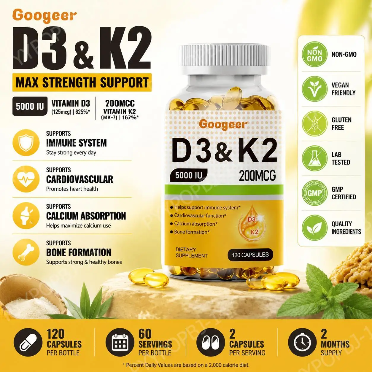 Googeer Vitamin D3 5000 IU & K2 200 Mcg Softgel Capsules Immune System Support Bone Formation Calcium Absorption 120 Capsules
Googeer Vitamin D3 5000 IU & K2 200 Mcg Softgel Capsules Immune System Support Bone Formation Calcium Absorption 120 Capsules