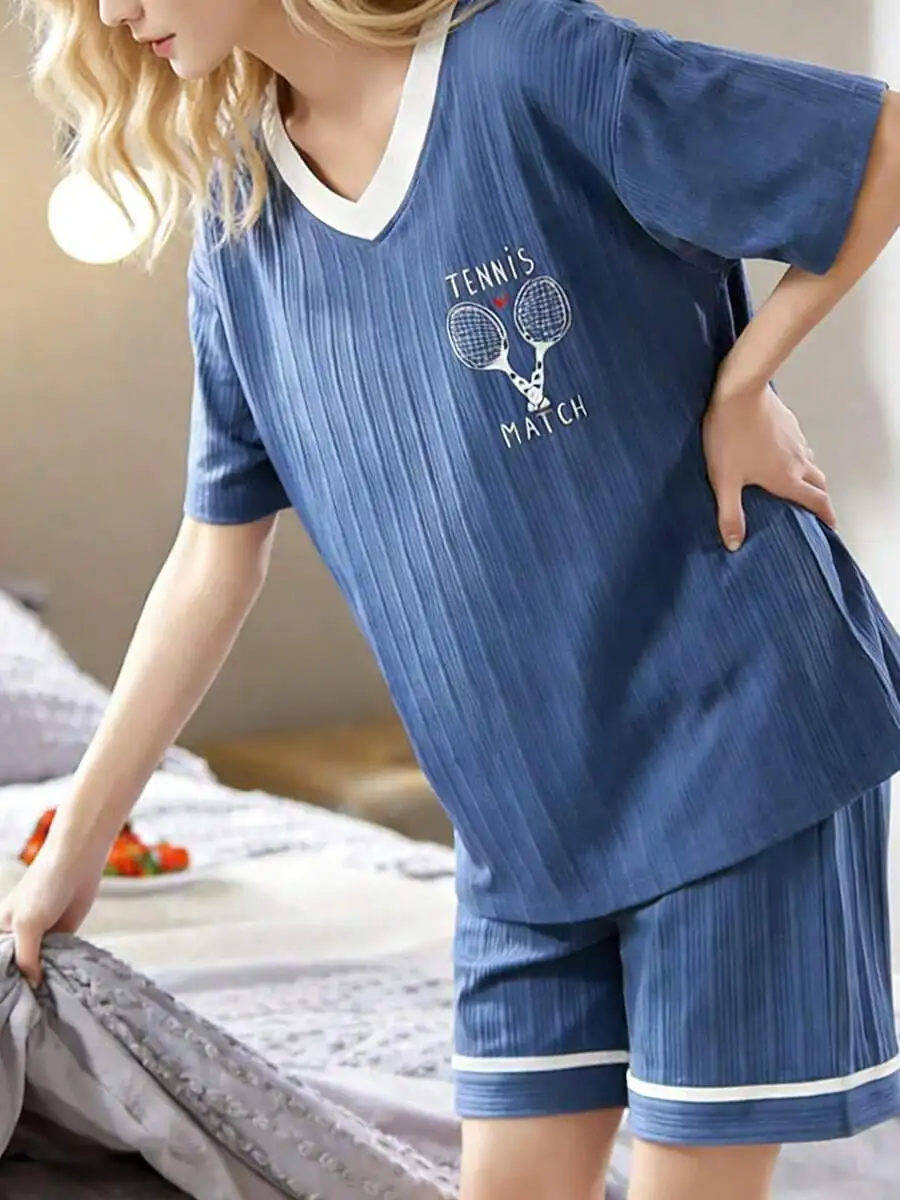 Womens Blue Tennis Print 2-Piece Pajama Set With White Trim, Short Sleeve V-Neck Top And Shorts
Womens Blue Tennis Print 2-Piece Pajama Set With White Trim, Short Sleeve V-Neck Top And Shorts