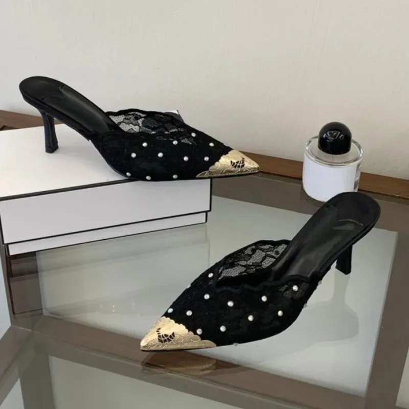 Aneikeh Retro Fashion Women Black Lace Pearl Mule Heels Pointed Toe Thin Stiletto Slip on Slippers Party Shoe Sandalias Mujer
Aneikeh Retro Fashion Women Black Lace Pearl Mule Heels Pointed Toe Thin Stiletto Slip on Slippers Party Shoe Sandalias Mujer