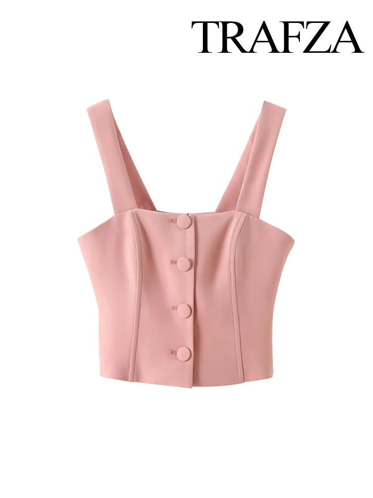 TRAFZA Women New Fashion Tops Pink Square Collar Sleeveless Backless Single-Breasted Female Summer High Street Tank Tops Traf
TRAFZA Women New Fashion Tops Pink Square Collar Sleeveless Backless Single-Breasted Female Summer High Street Tank Tops Traf