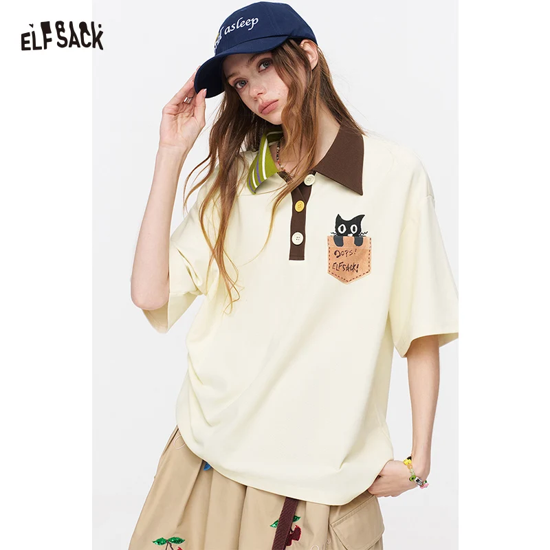 ELFSACK Cat Pocket Polo T-Shirt, Color Block Collar Oversized Tee with Cute Embroidery
ELFSACK Cat Pocket Polo T-Shirt, Color Block Collar Oversized Tee with Cute Embroidery