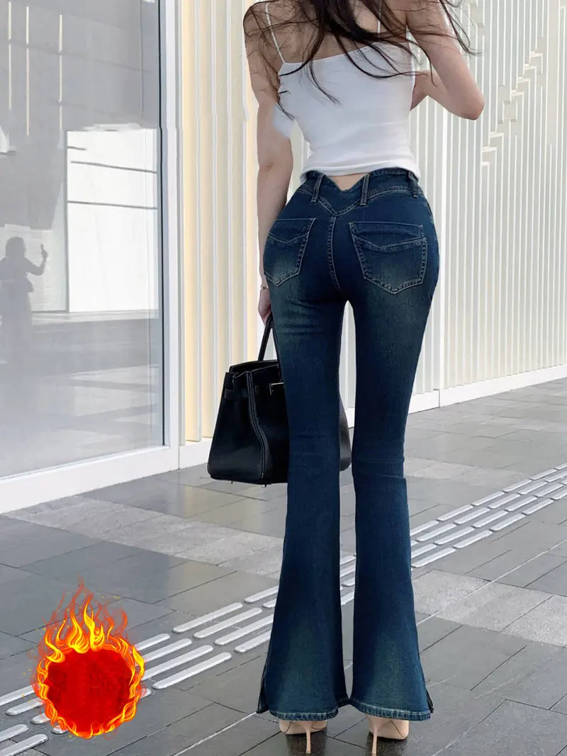 Fleece High Waist Flared Jeans Women's Double Buckle Elastic Floor-Length Pants Black Slim Fit Stretchy Trousers Self-Fabric Pad
Fleece High Waist Flared Jeans Women's Double Buckle Elastic Floor-Length Pants Black Slim Fit Stretchy Trousers Self-Fabric Pad