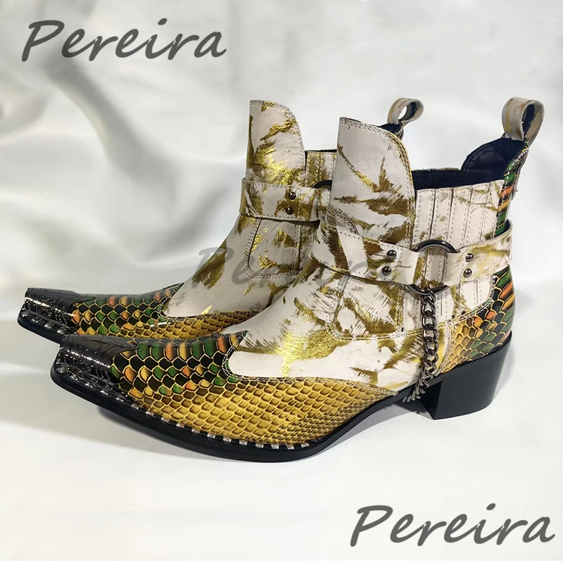 Yellow Red Mixed Colors Leather Boots for Men Metal Pointed Toe Chain Buckle Thick Heel Chelsea Boots Handmade Party Dress Shoes
Yellow Red Mixed Colors Leather Boots for Men Metal Pointed Toe Chain Buckle Thick Heel Chelsea Boots Handmade Party Dress Shoes