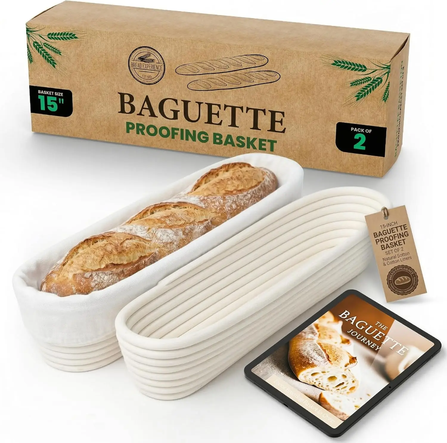 15 Inch Baguette Proofing Basket Set with Cotton Liners & Recipe eBook - Natural Rattan Bread Rising Baskets for Sourdough
15 Inch Baguette Proofing Basket Set with Cotton Liners & Recipe eBook - Natural Rattan Bread Rising Baskets for Sourdough