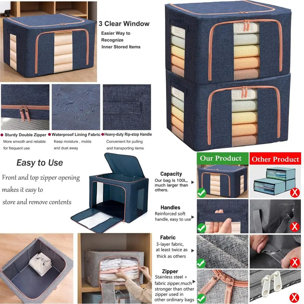 Stackable 100L Storage Bags with Metal Frame, Zipper, Handles, Clear Window for Blankets, Sweaters, and Pillows (Navy, 2-Pack)
Stackable 100L Storage Bags with Metal Frame, Zipper, Handles, Clear Window for Blankets, Sweaters, and Pillows (Navy, 2-Pack)