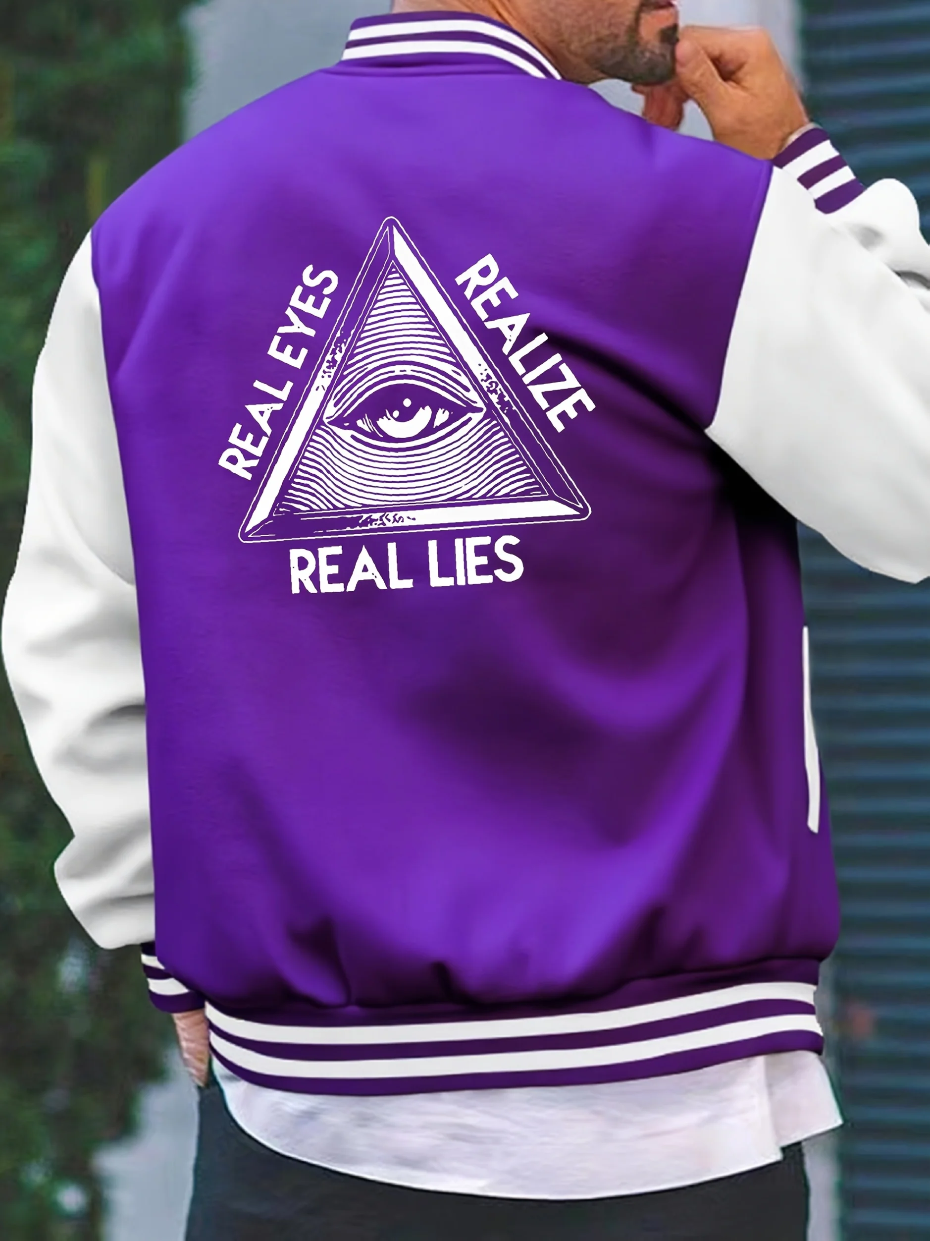 Men's Spring and Autumn casual baseball jacket with Realize Real Lies print printed on it
Men's Spring and Autumn casual baseball jacket with Realize Real Lies print printed on it
