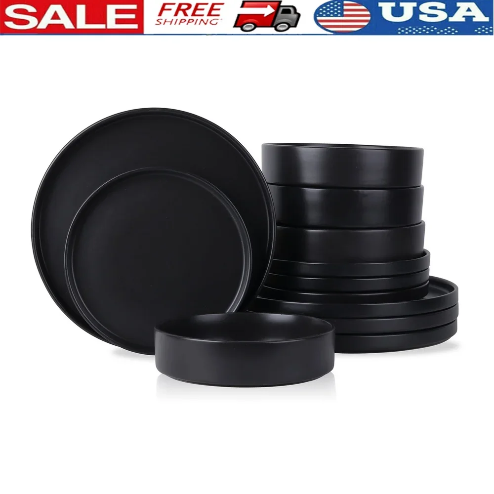 Набор столовой посуды из 12 предметов, каменная посуда, черные матовые тарелки с оправой, миски, можно мыть в посудомоечной машине, безопасный для микроволновой печи, идеальная повседневная столовая 
Набор столовой посуды из 12 предметов, каменная посуда, черные матовые тарелки с оправой, миски, можно мыть в посудомоечной машине, безопасный для микроволновой печи, идеальная повседневная столовая