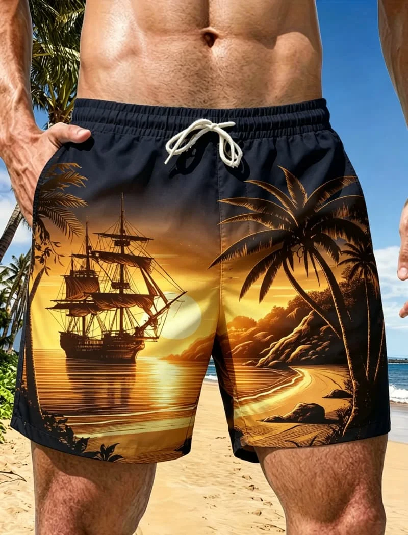 Men's silhouette coastal sunset print quick drying beach shorts, suitable for beach leisure and summer activities.
Men's silhouette coastal sunset print quick drying beach shorts, suitable for beach leisure and summer activities.
