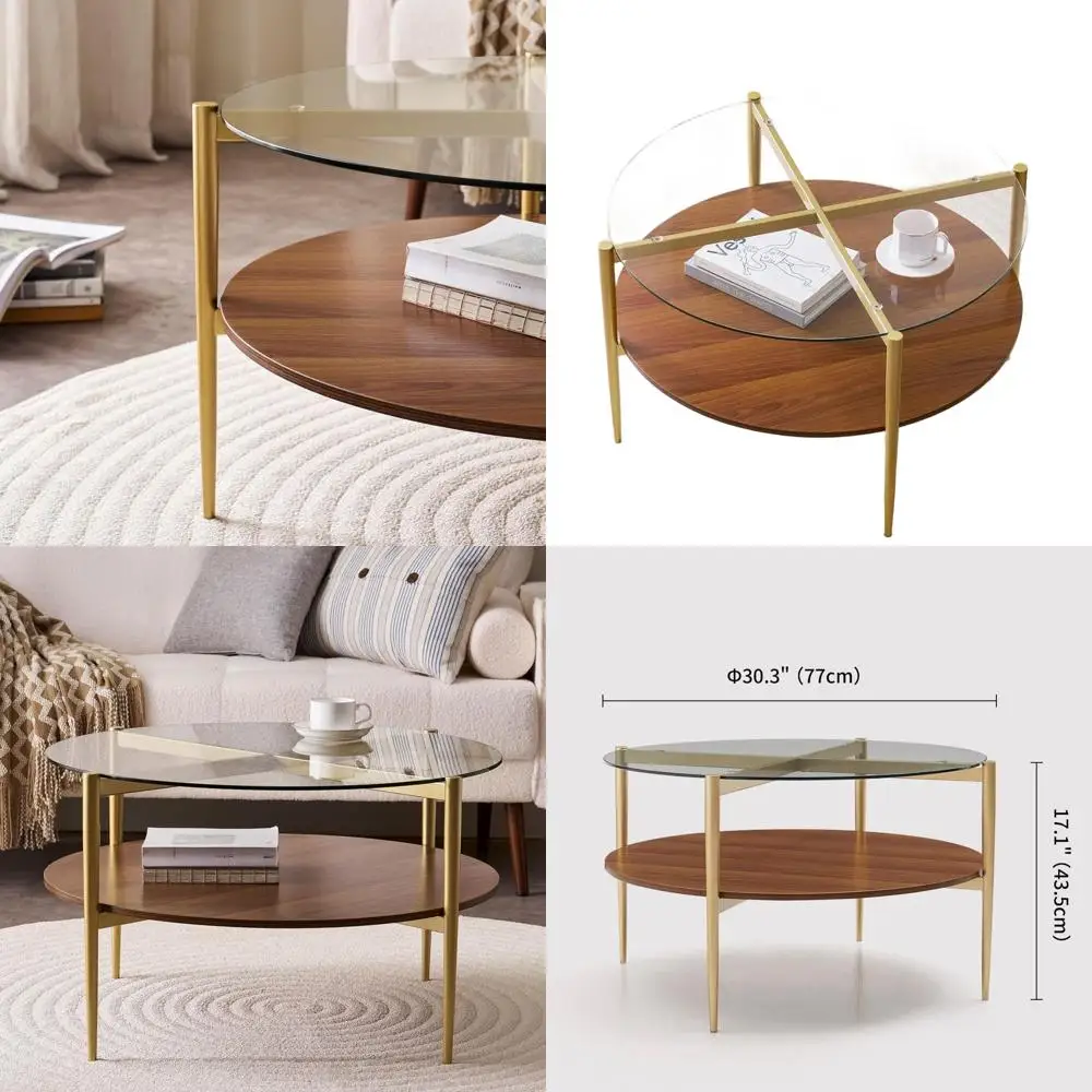 Двухуровневый журнальный столик в стиле Mid-Century Modern, диаметр 30 дюймов, высота 17 дюймов, столешница из прозрачного стекла, полки из орехового дерева, ножки из золотистого металла.
Двухуровневый журнальный столик в стиле Mid-Century Modern, диаметр 30 дюймов, высота 17 дюймов, столешница из прозрачного стекла, полки из орехового дерева, ножки из золотистого металла.