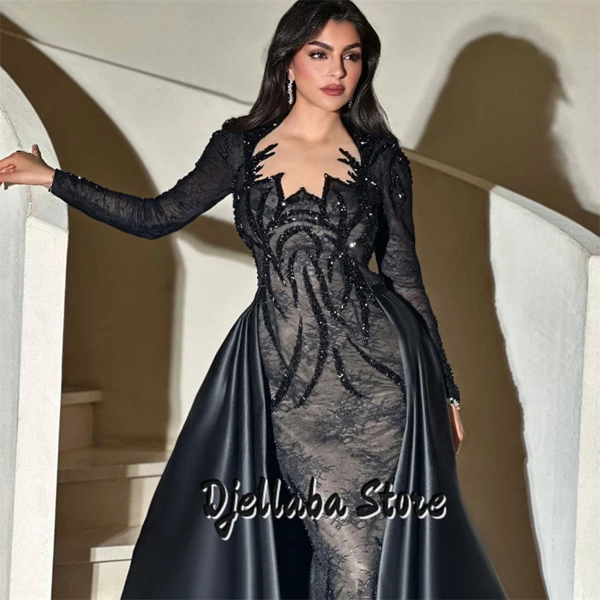 Black Mermaid Evening Dresses With Detachable Train Prom Gowns Lace Beading Wedding Party Dress Long Sleeves Customized
Black Mermaid Evening Dresses With Detachable Train Prom Gowns Lace Beading Wedding Party Dress Long Sleeves Customized