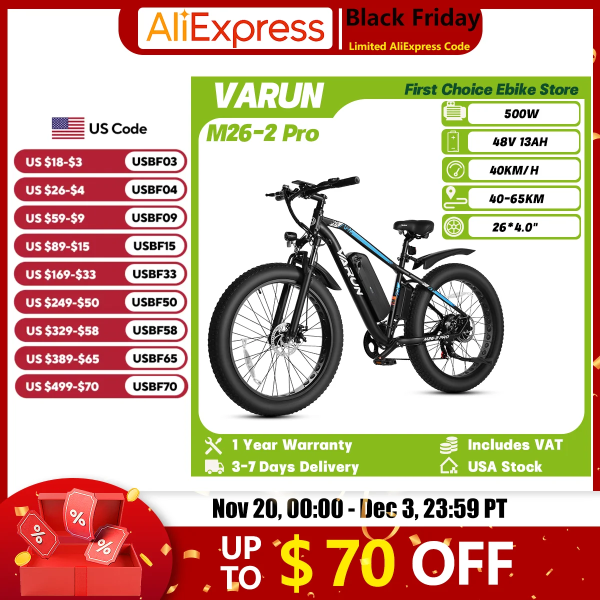 VARUN M26-2Pro Adult Mountain Ebike 500W Motor 48V 13Ah Battery Off-Road Electric Bicycle 26*4.0" Fat Tire City Electric Bike
VARUN M26-2Pro Adult Mountain Ebike 500W Motor 48V 13Ah Battery Off-Road Electric Bicycle 26*4.0" Fat Tire City Electric Bike
