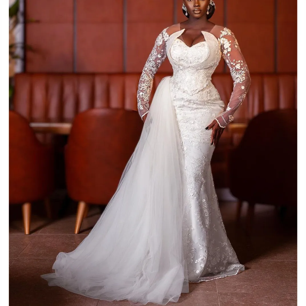 Luxury Mermaid Wedding Dresses Long Sleeves V Neck Sequins 3D Lace Flower Beads Detachable Train Zipper Applique Bridal Gowns
Luxury Mermaid Wedding Dresses Long Sleeves V Neck Sequins 3D Lace Flower Beads Detachable Train Zipper Applique Bridal Gowns