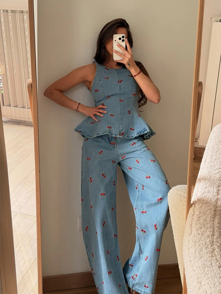 Denim Printed Pants 2 Piece Set Women Elegant Round Neck Sleeveless Vests Slim Long Pant Suits 2026 Lady Daily Street Outfit New
Denim Printed Pants 2 Piece Set Women Elegant Round Neck Sleeveless Vests Slim Long Pant Suits 2026 Lady Daily Street Outfit New