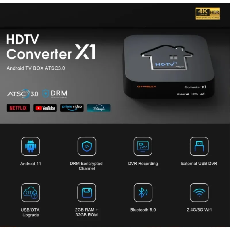 GTMEDIA BT 5.0 HDTV Converter X1 Support ATSC3.0 4KHDR TV BOX ATSC 3.0 DRM Smart Decoder Amlogic S905Y4-B 2GB+32GB,Built-in Wifi
GTMEDIA BT 5.0 HDTV Converter X1 Support ATSC3.0 4KHDR TV BOX ATSC 3.0 DRM Smart Decoder Amlogic S905Y4-B 2GB+32GB,Built-in Wifi