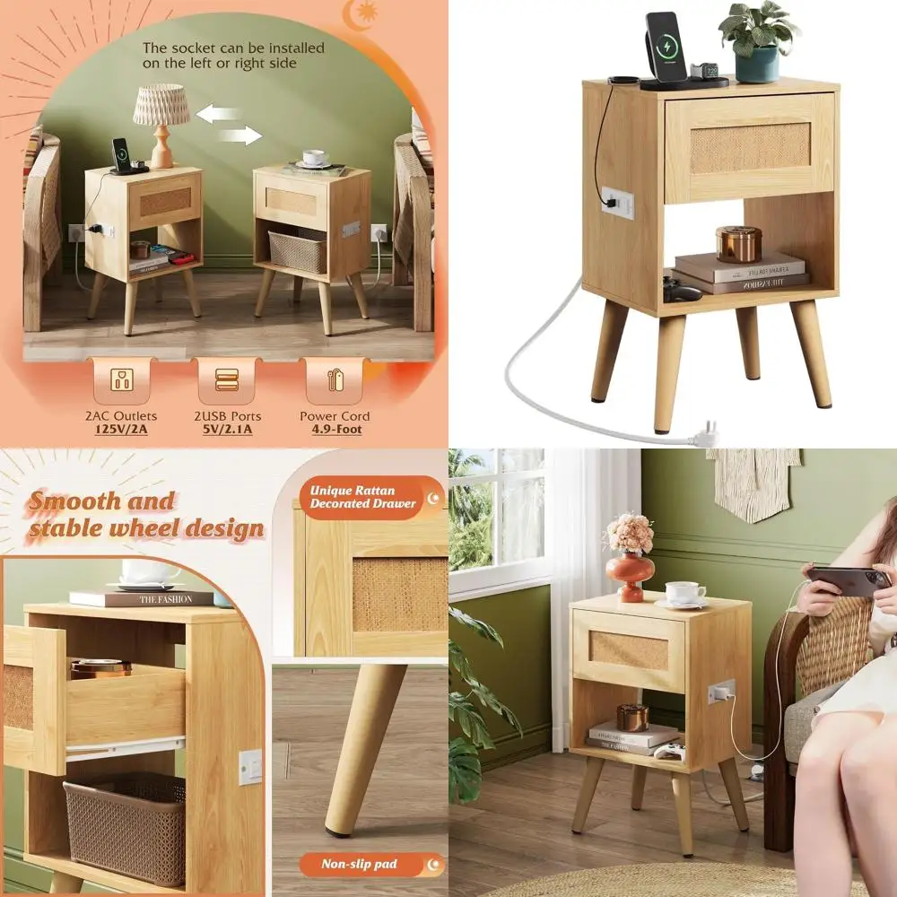 Charging Station Nightstand, Bohemian Style, Compact Bedroom Side Table, Oak Wood Storage Drawer, Ideal for Small Spaces
Charging Station Nightstand, Bohemian Style, Compact Bedroom Side Table, Oak Wood Storage Drawer, Ideal for Small Spaces