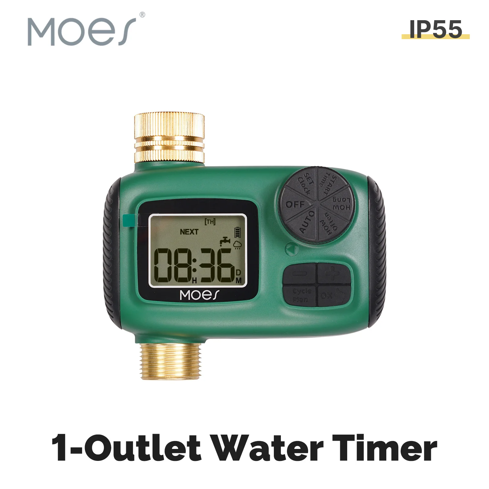 MOES Water Timer 1-Outlet Brass Inlet Rotary Knob Button Control With LCD Display Screen IP55 Waterproof Rain Delay Child Lock
MOES Water Timer 1-Outlet Brass Inlet Rotary Knob Button Control With LCD Display Screen IP55 Waterproof Rain Delay Child Lock