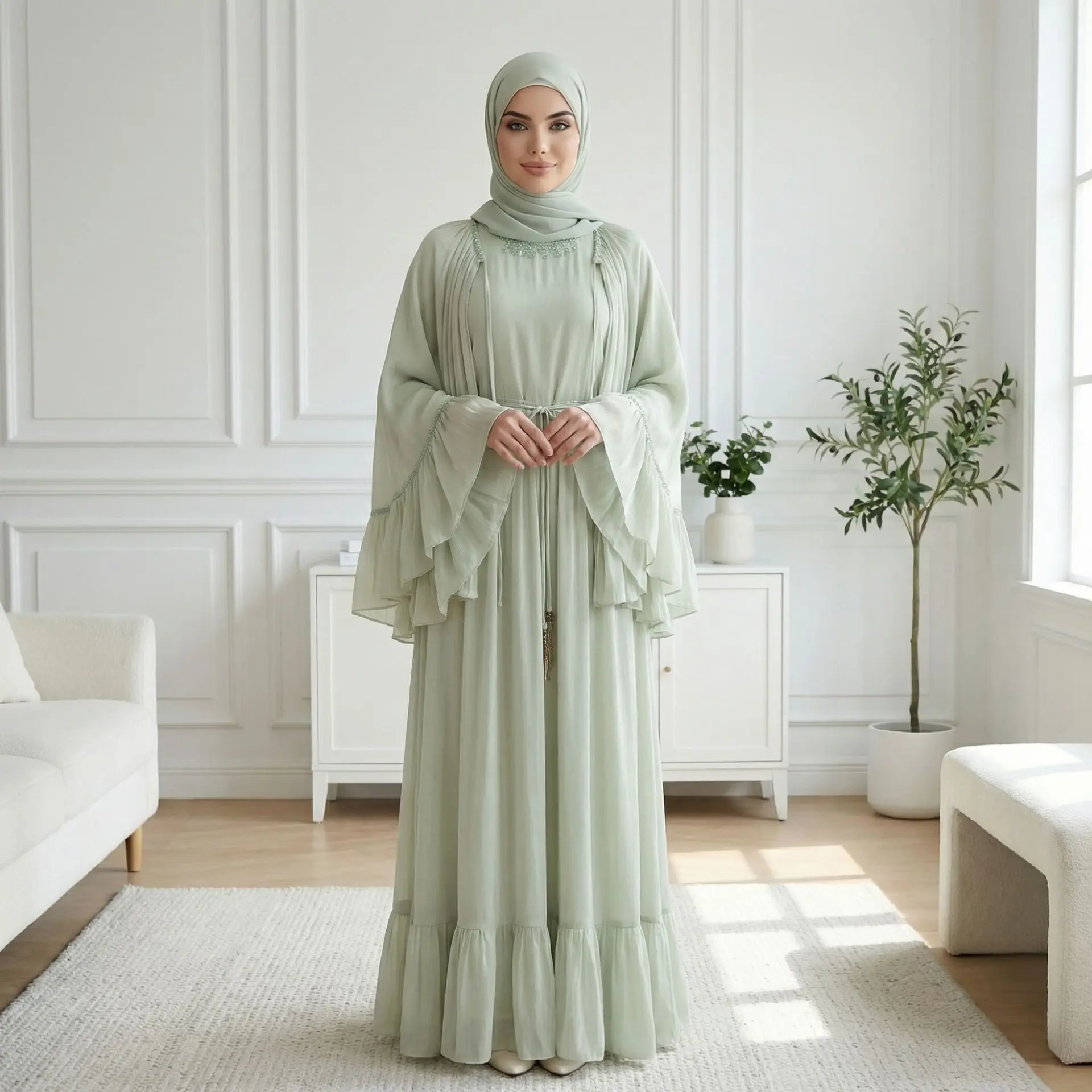 Eid Muslim Women Ruffles Crepe Cloak Shawl Maxi Dress 2 Piece Set Dubai Abaya Turkey Kaftan Kebaya Kimono Jalabiya Femme Robe
Eid Muslim Women Ruffles Crepe Cloak Shawl Maxi Dress 2 Piece Set Dubai Abaya Turkey Kaftan Kebaya Kimono Jalabiya Femme Robe