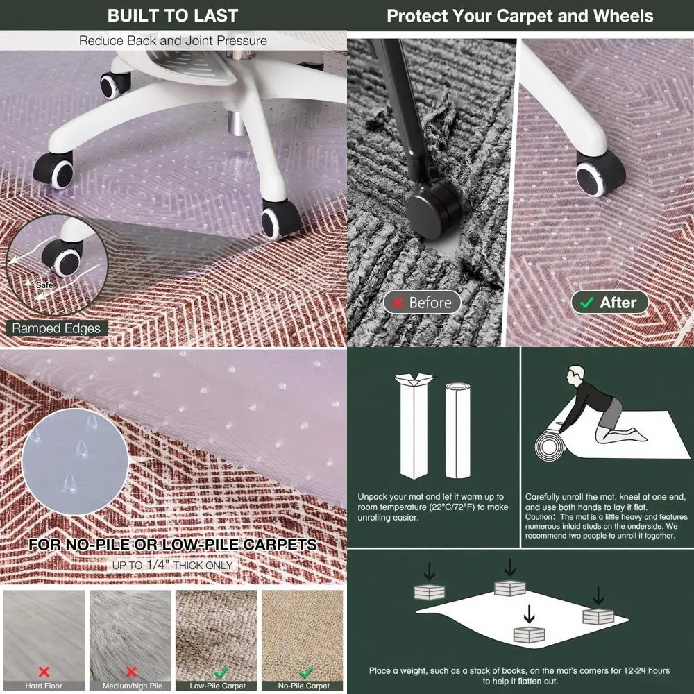 Удобный для ковров коврик для настольного стула, 45 x 53, плавный катящийся коврик, винил с противоскользящими краями, прочная защита для офисного пола, прозрачный борд
Удобный для ковров коврик для настольного стула, 45 x 53, плавный катящийся коврик, винил с противоскользящими краями, прочная защита для офисного пола, прозрачный борд