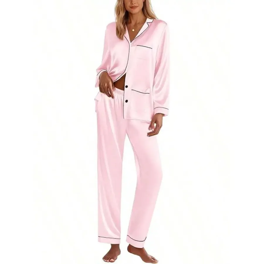 Pink Satin Women Pajama Set Long Sleeve Button Down Lounge Wear
Pink Satin Women Pajama Set Long Sleeve Button Down Lounge Wear