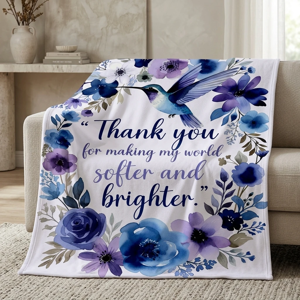 Blue & Purple Hummingbird Floral Flannel Throw Blanket, "Thank You for Making My World Brighter" Gratitude Gift Blanket
Blue & Purple Hummingbird Floral Flannel Throw Blanket, "Thank You for Making My World Brighter" Gratitude Gift Blanket